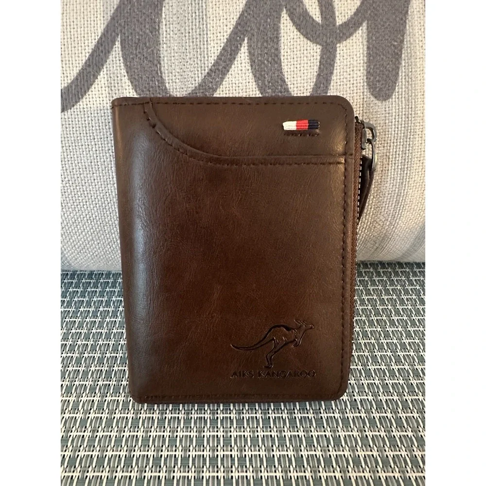 AIKS KANGAROO Brown Bifold Wallet with Zipper, Credit Card Holder, Men's